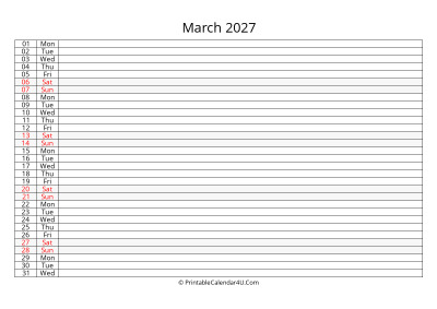 editable 2027 calendar for march, week starts on sunday