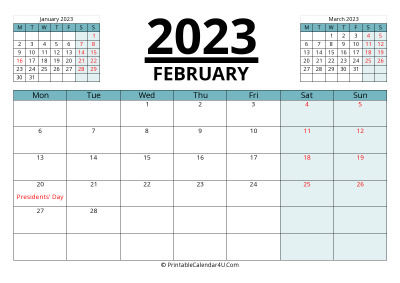 february 2023 calendar with prev and next month, week starts on monday