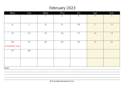 february 2023 monthly calendar with notes, week starts on monday
