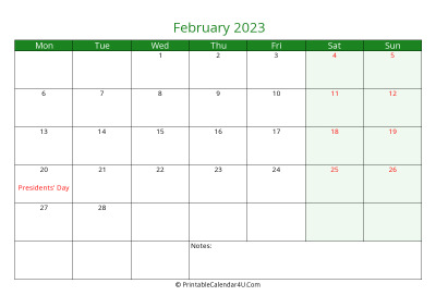 february 2023 printable calendar with holidays, week starts on monday