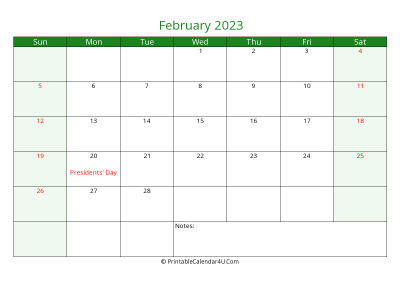 february 2023 printable calendar with holidays, week starts on sunday