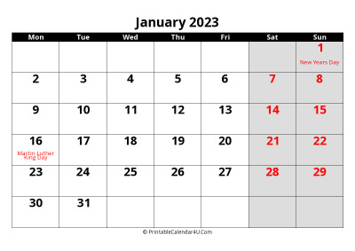 january 2023 calendar, highlighted weekend, week starts on monday