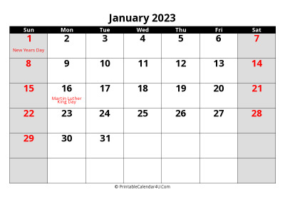 january 2023 calendar, highlighted weekend, week starts on sunday