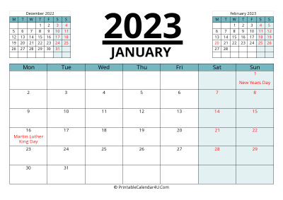 january 2023 calendar with prev and next month, week starts on monday