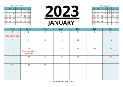 january 2023 calendar with prev and next month, week starts on sunday