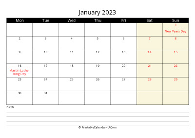 january 2023 monthly calendar with notes, week starts on monday