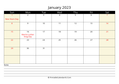january 2023 monthly calendar with notes, week starts on sunday