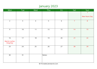 january 2023 printable calendar with holidays, week starts on monday