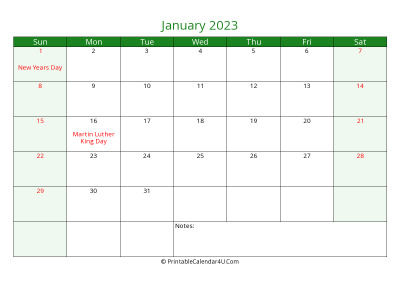 january 2023 printable calendar with holidays, week starts on sunday