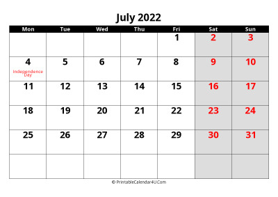 july 2022 calendar, highlighted weekend, week starts on monday