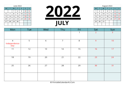 july 2022 calendar with prev and next month, week starts on monday