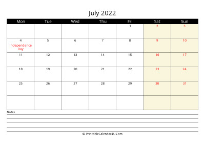 july 2022 monthly calendar with notes, week starts on monday