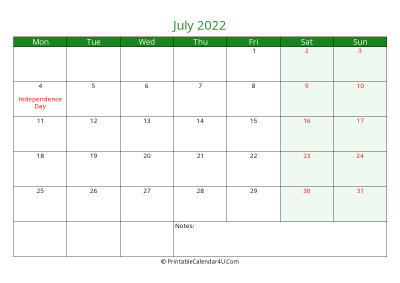 july 2022 printable calendar with holidays, week starts on monday