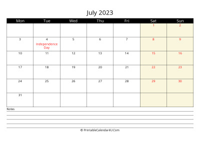 july 2023 monthly calendar with notes, week starts on monday
