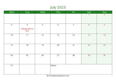july 2023 printable calendar with holidays, week starts on monday