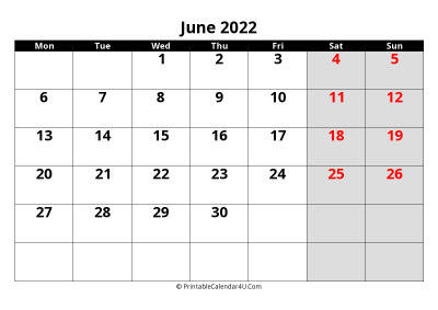 june 2022 calendar, highlighted weekend, week starts on monday