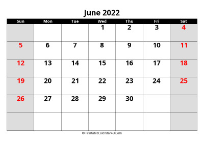 june 2022 calendar, highlighted weekend, week starts on sunday