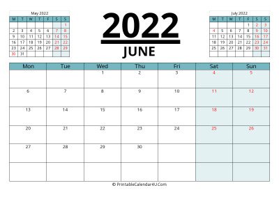 june 2022 calendar with prev and next month, week starts on monday