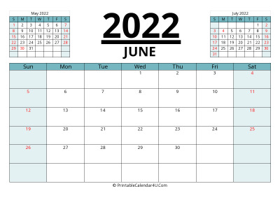 june 2022 calendar with prev and next month, week starts on sunday