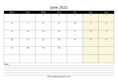 june 2022 monthly calendar with notes, week starts on monday