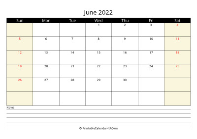 june 2022 monthly calendar with notes, week starts on sunday