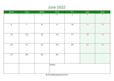 june 2022 printable calendar with holidays, week starts on monday