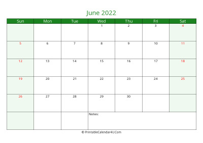 june 2022 printable calendar with holidays, week starts on sunday