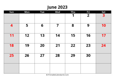 june 2023 calendar, highlighted weekend, week starts on sunday