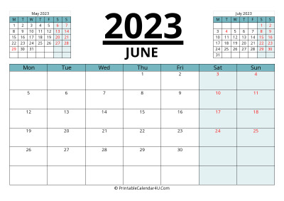 june 2023 calendar with prev and next month, week starts on monday