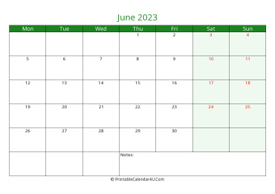 june 2023 printable calendar with holidays, week starts on monday