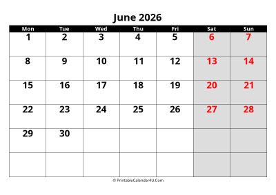 june 2026 calendar, highlighted weekend, week starts on monday