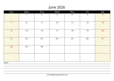 june 2026 monthly calendar with notes, week starts on sunday