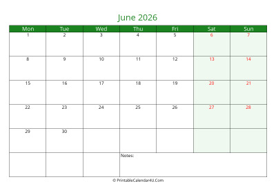 june 2026 printable calendar with holidays, week starts on monday