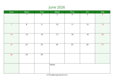 june 2026 printable calendar with holidays, week starts on sunday