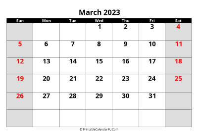 march 2023 calendar, highlighted weekend, week starts on sunday