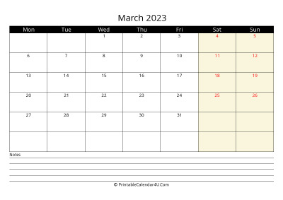 march 2023 monthly calendar with notes, week starts on monday