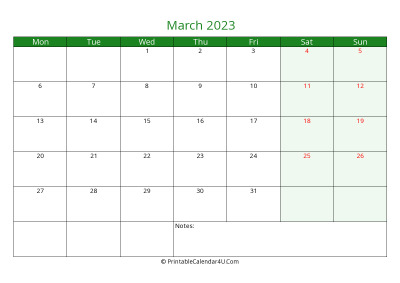 march 2023 printable calendar with holidays, week starts on monday