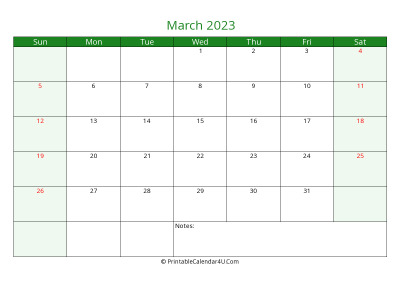 march 2023 printable calendar with holidays, week starts on sunday