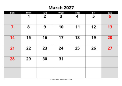 march 2027 calendar, highlighted weekend, week starts on sunday