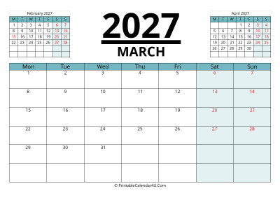 march 2027 calendar with prev and next month, week starts on monday