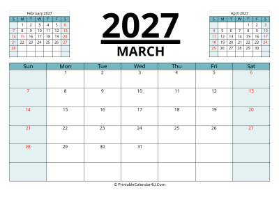 march 2027 calendar with prev and next month, week starts on sunday