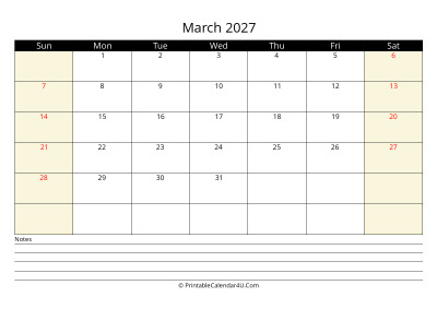 march 2027 monthly calendar with notes, week starts on sunday