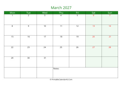 march 2027 printable calendar with holidays, week starts on monday