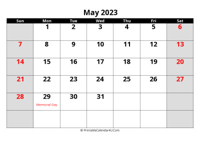 may 2023 calendar, highlighted weekend, week starts on sunday