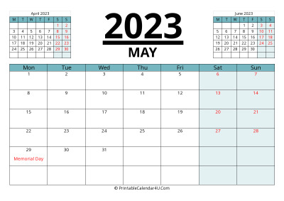 may 2023 calendar with prev and next month, week starts on monday