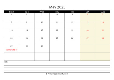 may 2023 monthly calendar with notes, week starts on monday