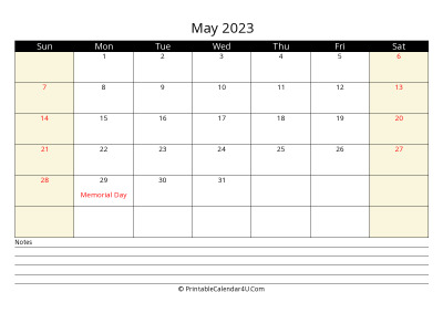 may 2023 monthly calendar with notes, week starts on sunday