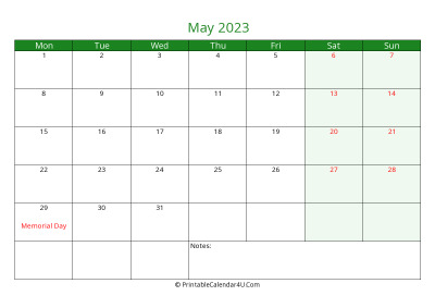may 2023 printable calendar with holidays, week starts on monday