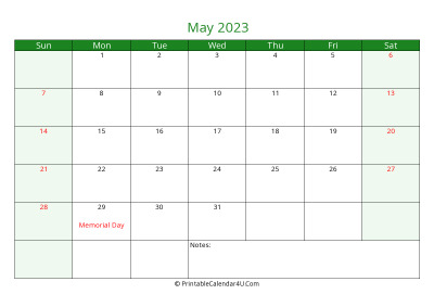 may 2023 printable calendar with holidays, week starts on sunday