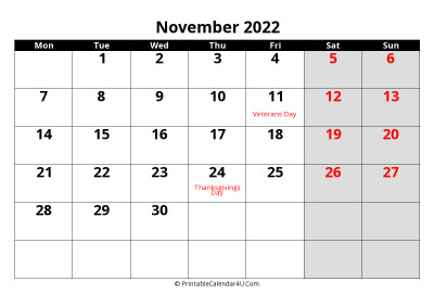 november 2022 calendar, highlighted weekend, week starts on monday